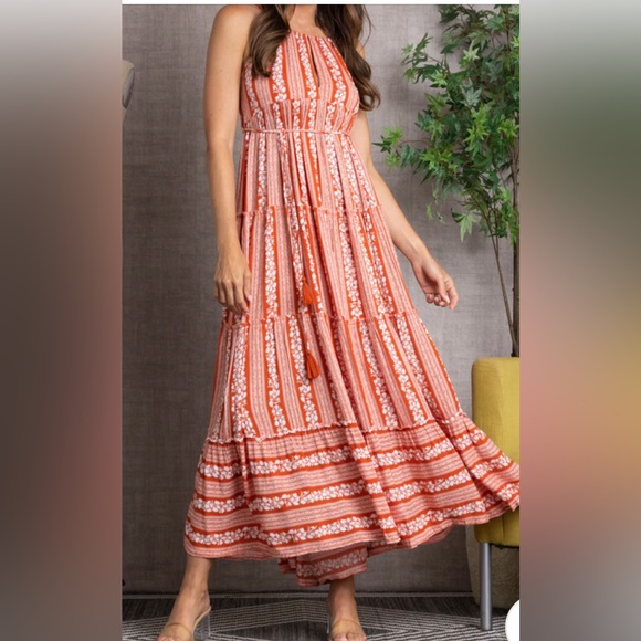 NWT Rust Tasseled Drawstring Halter Neck Maxi Dress with self Tie Boho - Picture 3 of 10